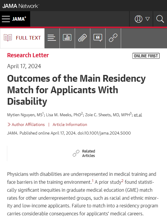 Cohort study assesses match rates of US applicants with and without disability into specialty residence programs. ja.ma/4cYqMm6