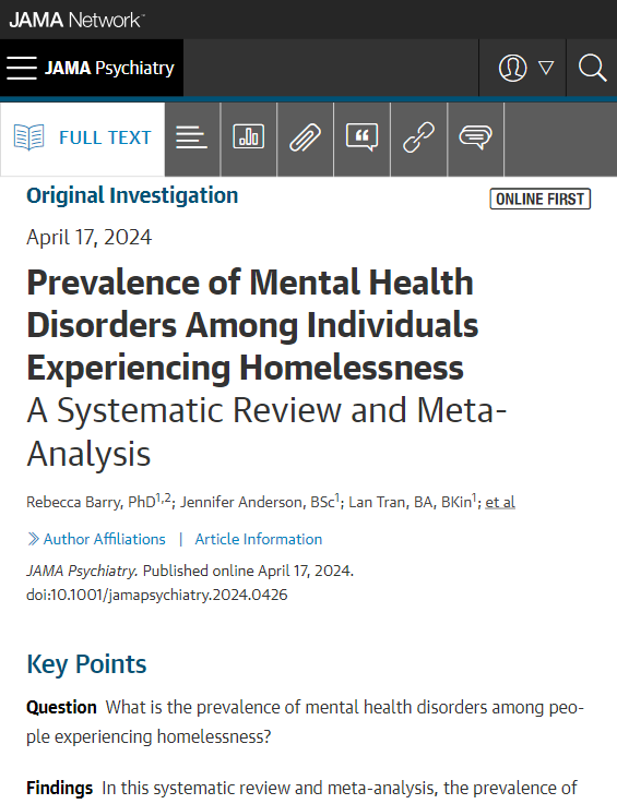 JAMAPsych's tweet photo. New data demonstrates that the majority of people experiencing homelessness have mental health disorders, with current and lifetime prevalence generally much greater than that observed in general community samples. https://t.co/MYfKAEmlDA https://t.co/ELxeeVOj3O