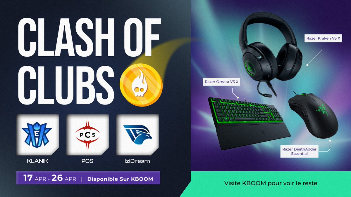🔴| PARTENARIAT |⚫️

<a href="/PCS_Original/">Project Conquerors (PCS)</a> rejoint l'aventure @KBOOMGG et participe à son premier évènement : Le Clash of Clubs 🔥

10 jours de combats acharnés pour défendre les couleurs de PCS et remporter des prix ! 

Lien d’affiliation 👇app.kboom.gg/invite/7SbybNMu

#PCSFAMILY ❤️🖤