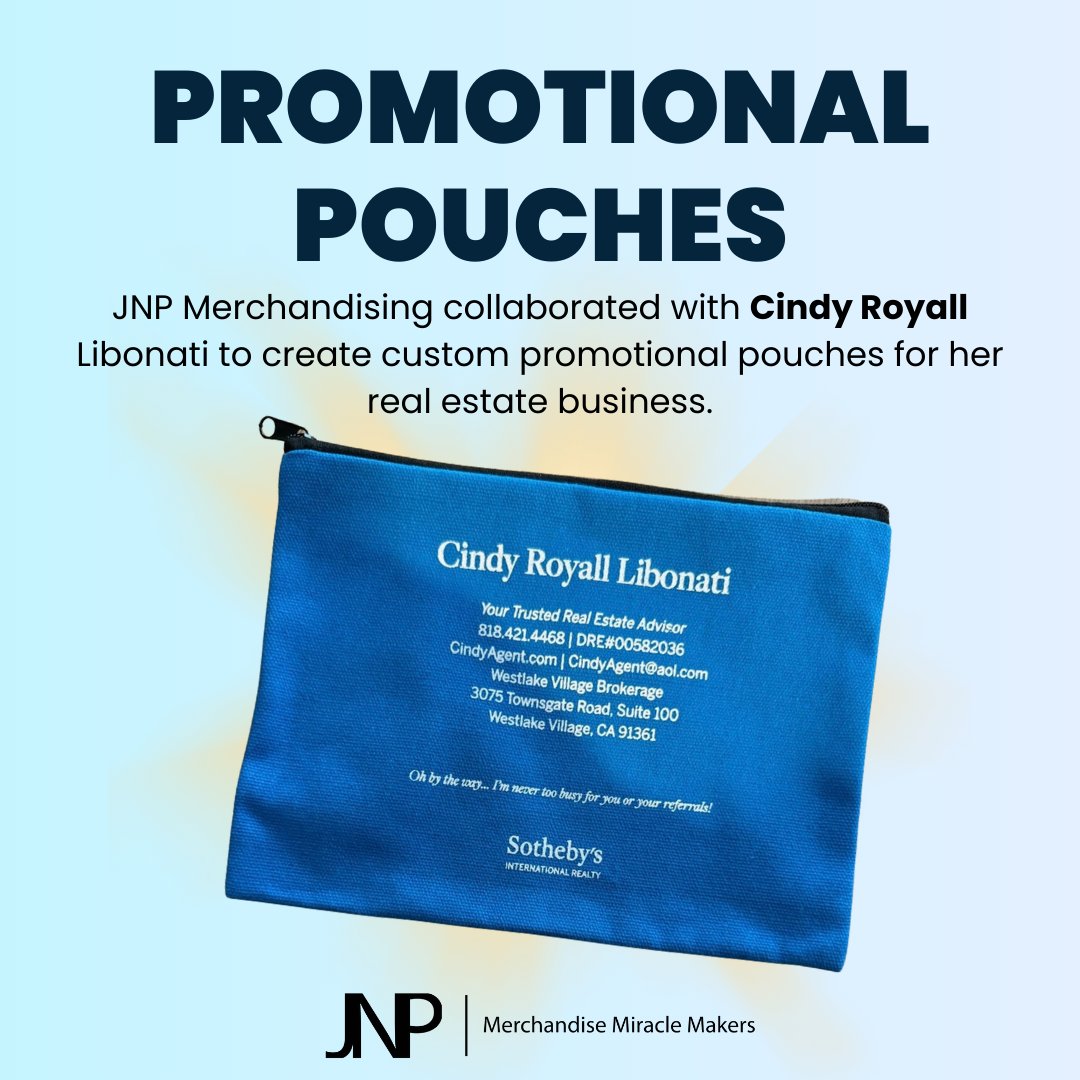 JNPMerch's tweet photo. Proudly partnering with Cindy Royall Libonati to craft the finest promotional pouches in real estate. Elegant, practical, and personal – just like the service she's known for. Cheers to successful collaborations! 🏡✨ #JNPMerchandising #BrandedExcellence #RealEstateMarketing https://t.co/rLWllgeT1e