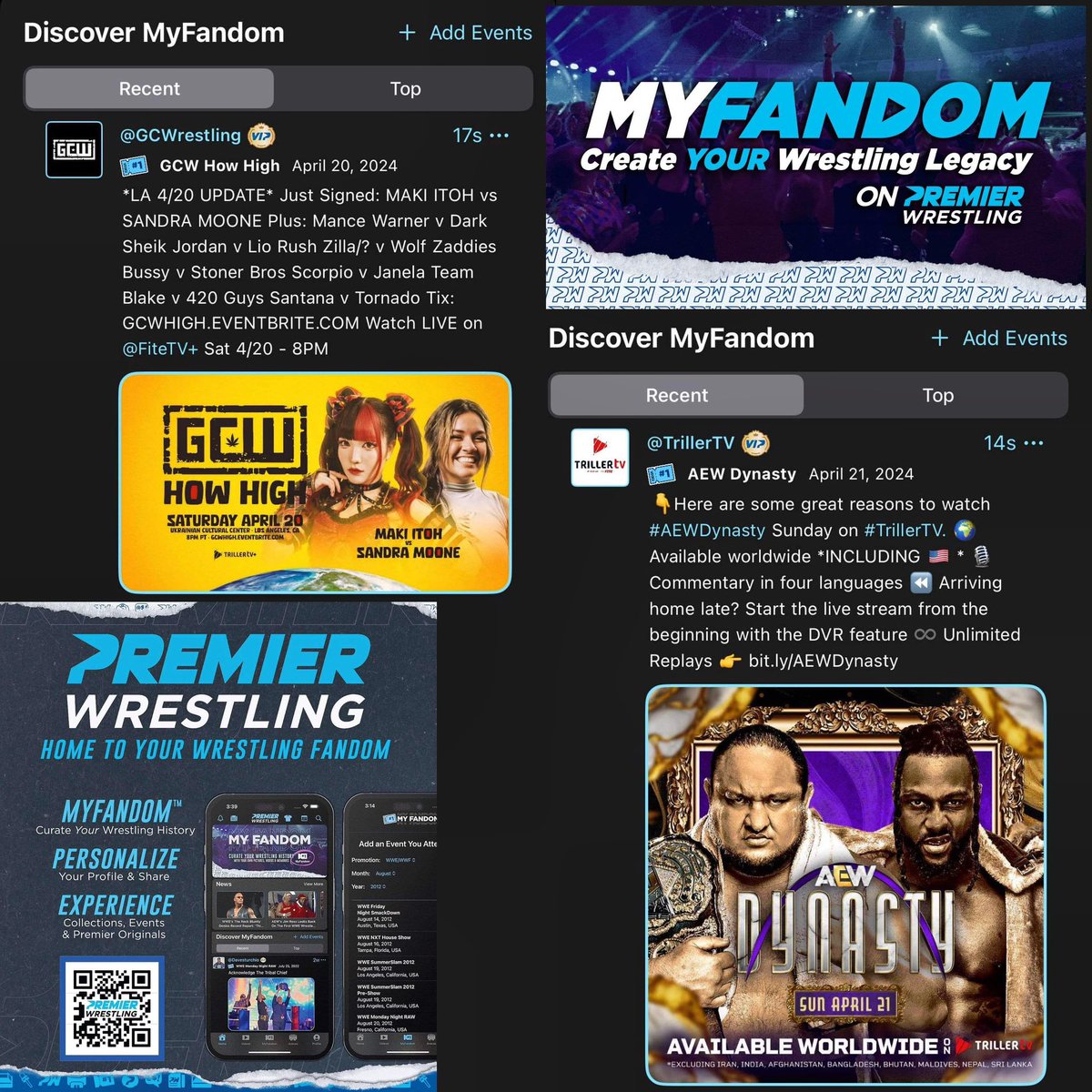 Two HUGE events going down this weekend! Are you headed to California for @GCWrestling_ ?Going to St. Louis for @aew ! Head on over to #MyFandom to post your pictures and videos from those events on the Premier Wrestling App!! We want to see both events all over our #MyFandom…