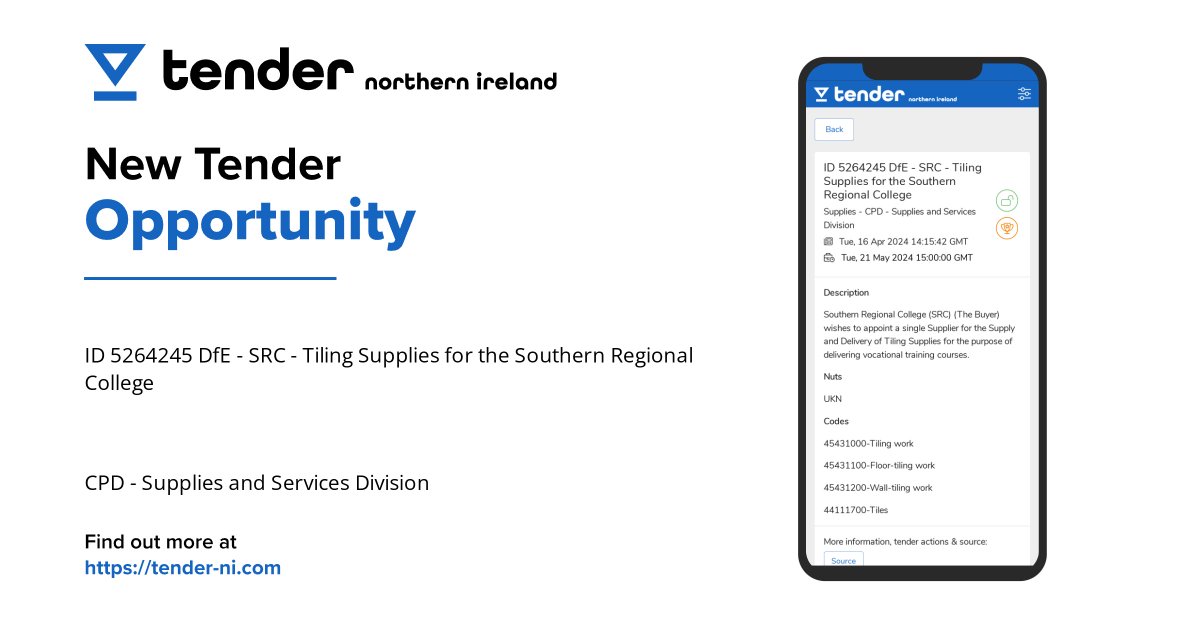 tendernicom's tweet photo. Opportunity for suppliers! DfE - SRC needs tiling supplies for Southern Regional College. Check out the details and submit your bid now. #NorthernIreland #Construction #TenderNI https://t.co/xKlilDWxCB https://t.co/uu8ZL1BNN2