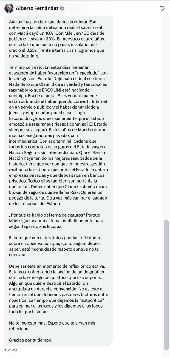 Hola <a href="/alferdez/">Alberto Fernández</a> ya que me bloqueó luego de haberme mandado un Mensaje Directo a mi otra cuenta, procedo a contestarle su DM por acá. ¿Es así cómo usted invita a que reflexionemos juntos? ¿Bloqueando?
Debo admitir que ayer me quedé anonada por esa respuesta. Es claro que no es una