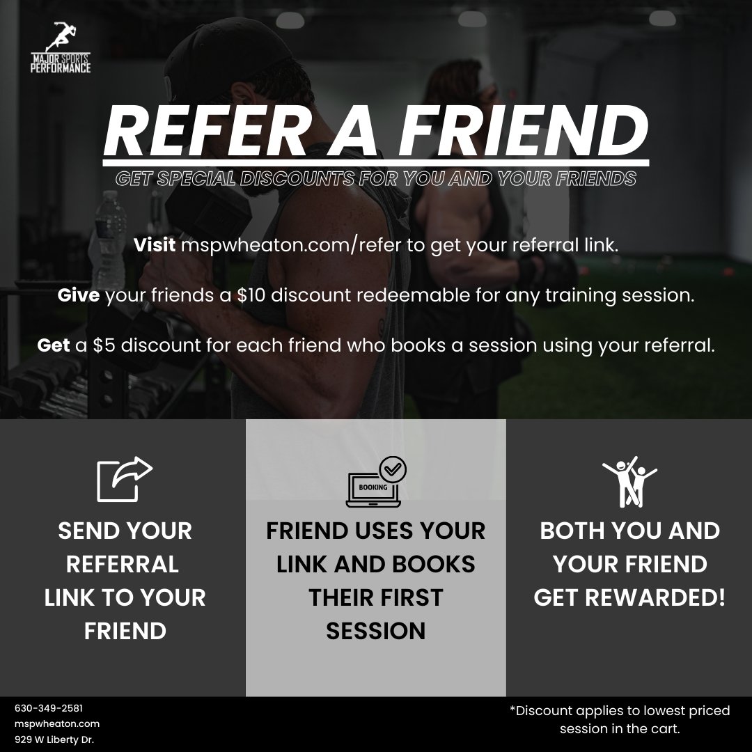 Join Major Sports Performance's Refer a Friend program and enjoy exclusive rewards for you and your friends! Share the love of training and get rewarded! mspwheaton.com/refer #ReferAFriend #Training
