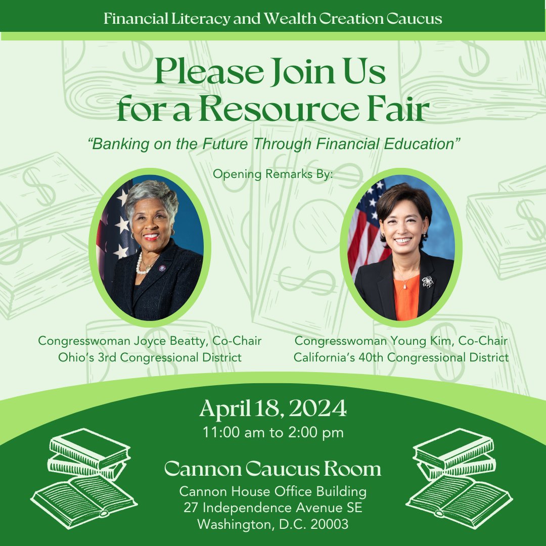 Join our free, bipartisan financial education fair tomorrow! 30 Nonprofits, financial institutions, & govt. agencies will share wealth-building strategies & materials with attendees. Participants include @CFPB, @FICO, @Vanguard_Group, @CapitalOne, @EdwardJones, @MBAMortgage.