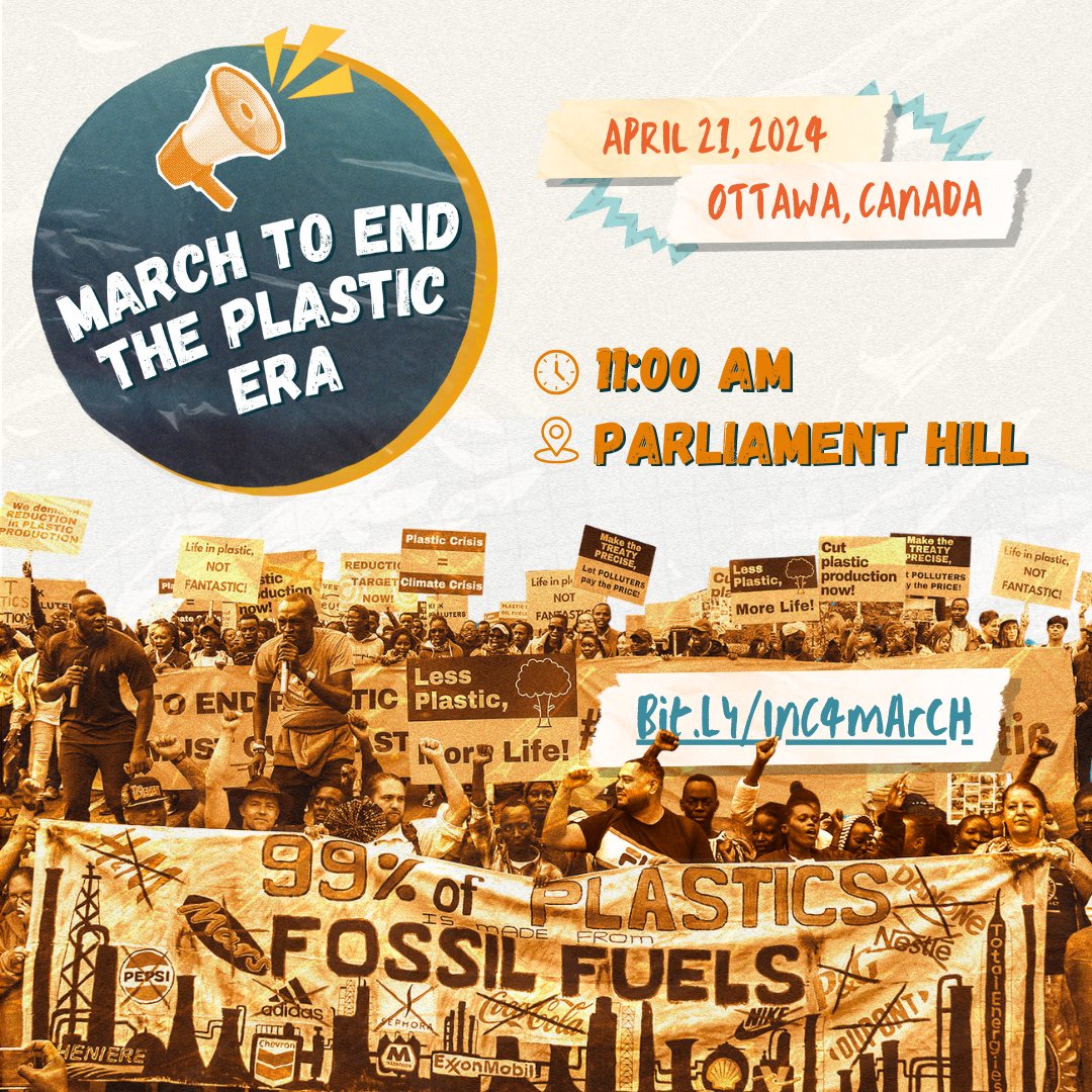 🌍✊ SAVE THE DATE! ✊🌍 Join us as we demand real action at the INC-4 meetings. It's time for governments to prioritize the health of our planet and communities over profit. 🗓️ Sunday, April 21, 2024 at 11am 📍 Parliament Hill, Ottawa act.gp/3Ujiuhs #PlasticFreeFuture