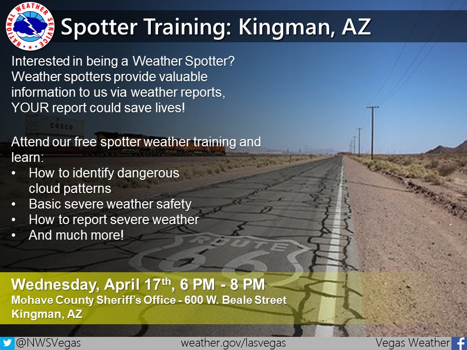 Just a reminder that the NWS will be hosting a Skywarn spotter training class this evening in Kingman, AZ from 6pm-8pm at the Mohave County Sheriff's office. #azwx