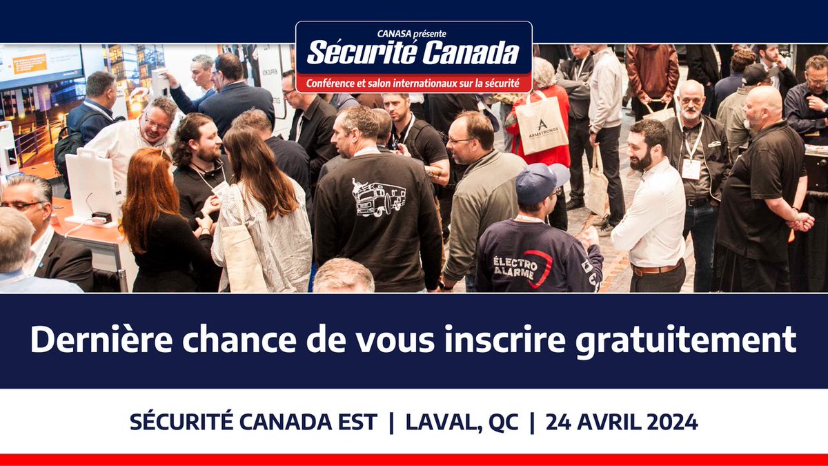 Le compte à rebours est commencé pour #SecuriteCanada Est et c’est aujourd’hui votre dernière chance de vous inscrire gratuitement! Ne ratez pas cette occasion de réseauter avec des professionnels chevronnés et de découvrir les nouveautés de l’industrie : bit.ly/435oFZb