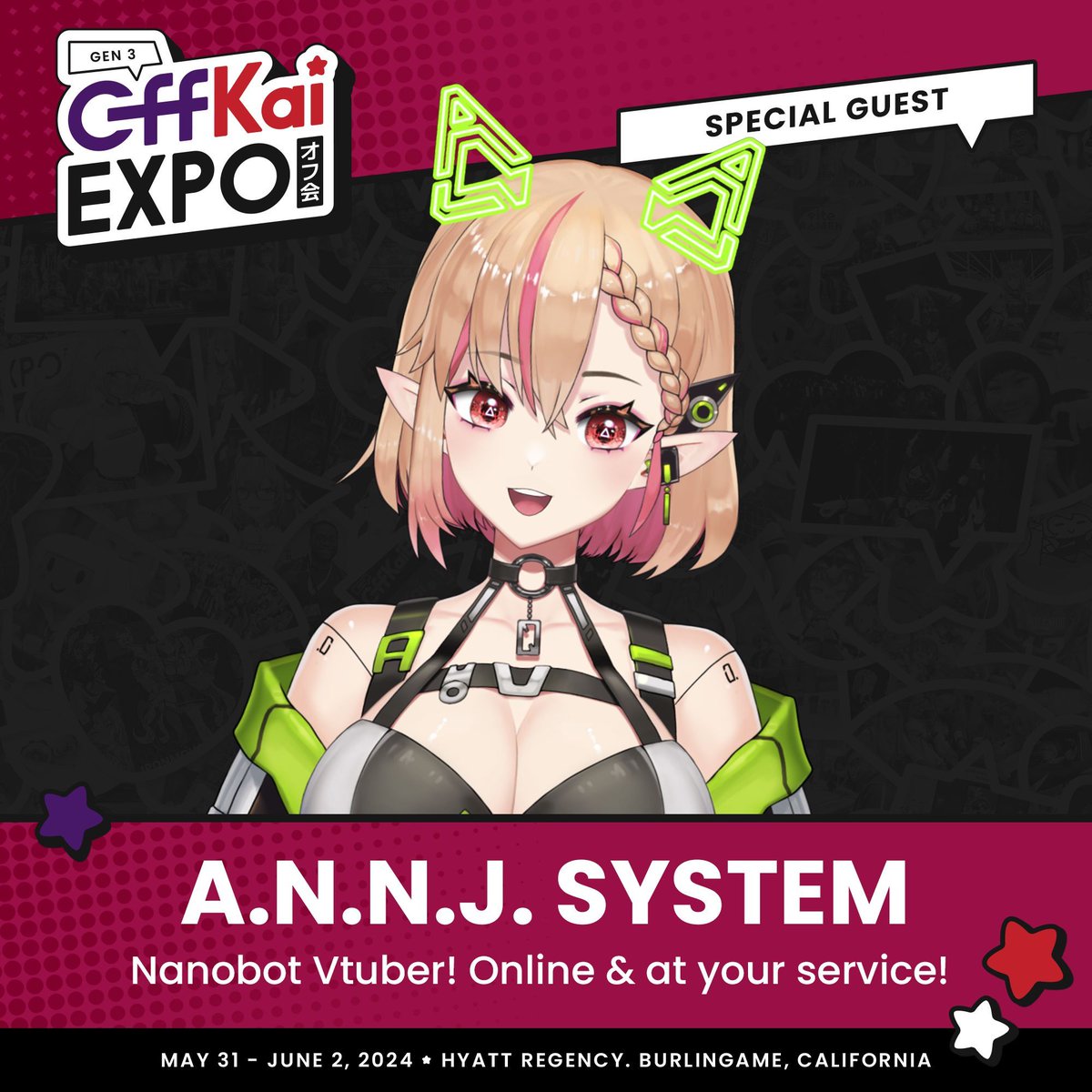 //ᴀᴄᴄᴇss ɢʀᴀɴᴛᴇᴅ// Nanobot Vtuber @Annjelife logging into #OffKaiGen3 & hacking her way into your heart! Join in on the takeover May 31st - June 2nd in Burlingame, CA! ❇️