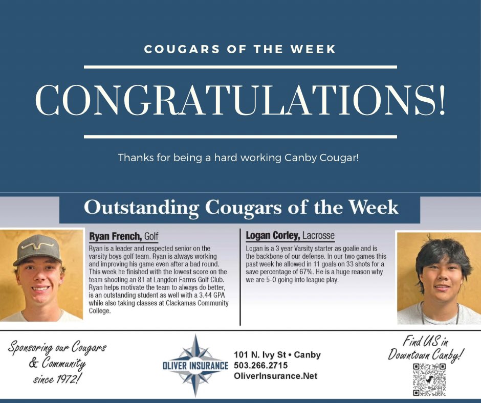 OliverInsurance's tweet photo. Logan and Ryan snagged the coveted #CougaroftheWeek spots! Logan’s spectacular defense and Ryan’s 81 on the links, helped earn them the title! Congrats guys! 🥍⛳️🥍⛳️ @CanbyAthletics https://t.co/3lKNkskU2m