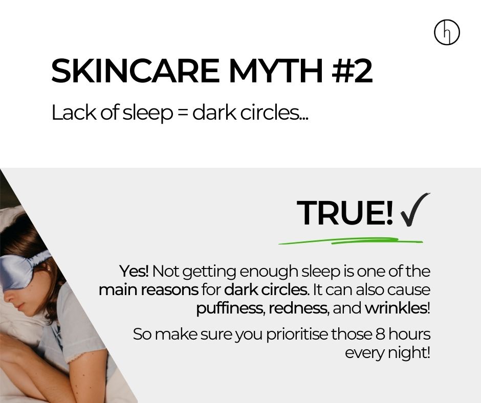 Next up: Lack of sleep = dark circles... TRUE! ✅ Not getting enough sleep can cause a range of skin issues; dark circles, puffiness, redness & even wrinkles! Make sure you prioritise your 8-hours! 💤 #skincaremyths #darkcircles #eyebags #skintips #HeavenSkincare #SkincareTips