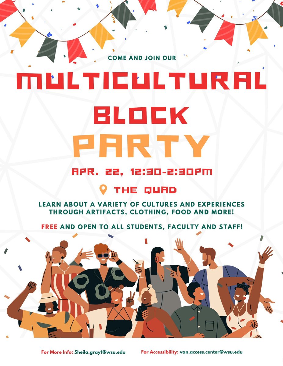ASWSUVancouver's tweet photo. Join us at the upcoming Multicultural Block party, where you'll have the chance to immerse yourself in diverse cultures and experiences through artifacts, clothing, food, and more! This event is free and open to all students, faculty, and staff!🙌 

#WSUVancouver #GoVanCougs https://t.co/2BxQw8VghF