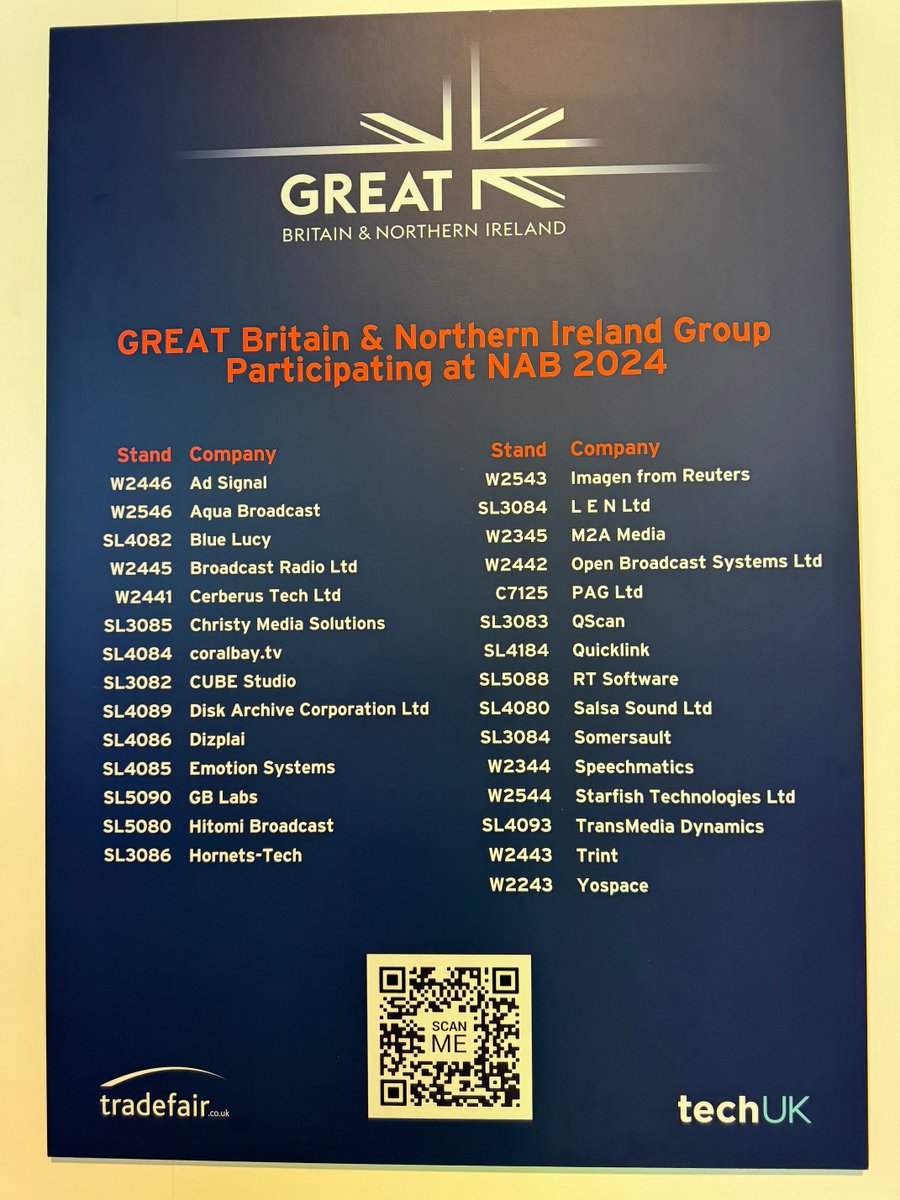 It’s the last day here at @nabshow but there's still time to visit the booths in the GREAT Britain and Northern Ireland Pavilion! Head over and say hello. Take a look at who is exhibiting here and scan the QR code to view our UK Directory for more. #NABShow #UKatNAB24 #UKPavilion