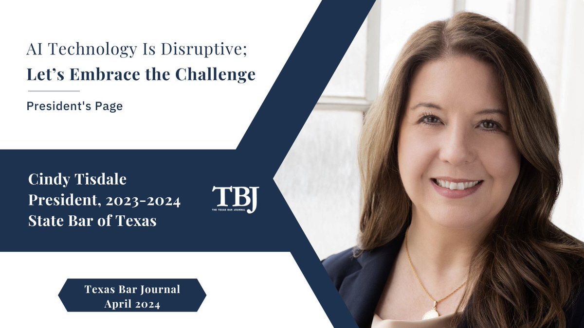 In the April issue of the TBJ, State Bar President Cindy Tisdale discusses the creation of the Taskforce for Responsible AI in the Law and its mission. tinyurl.com/prespageapril24 #LegalReads #AI