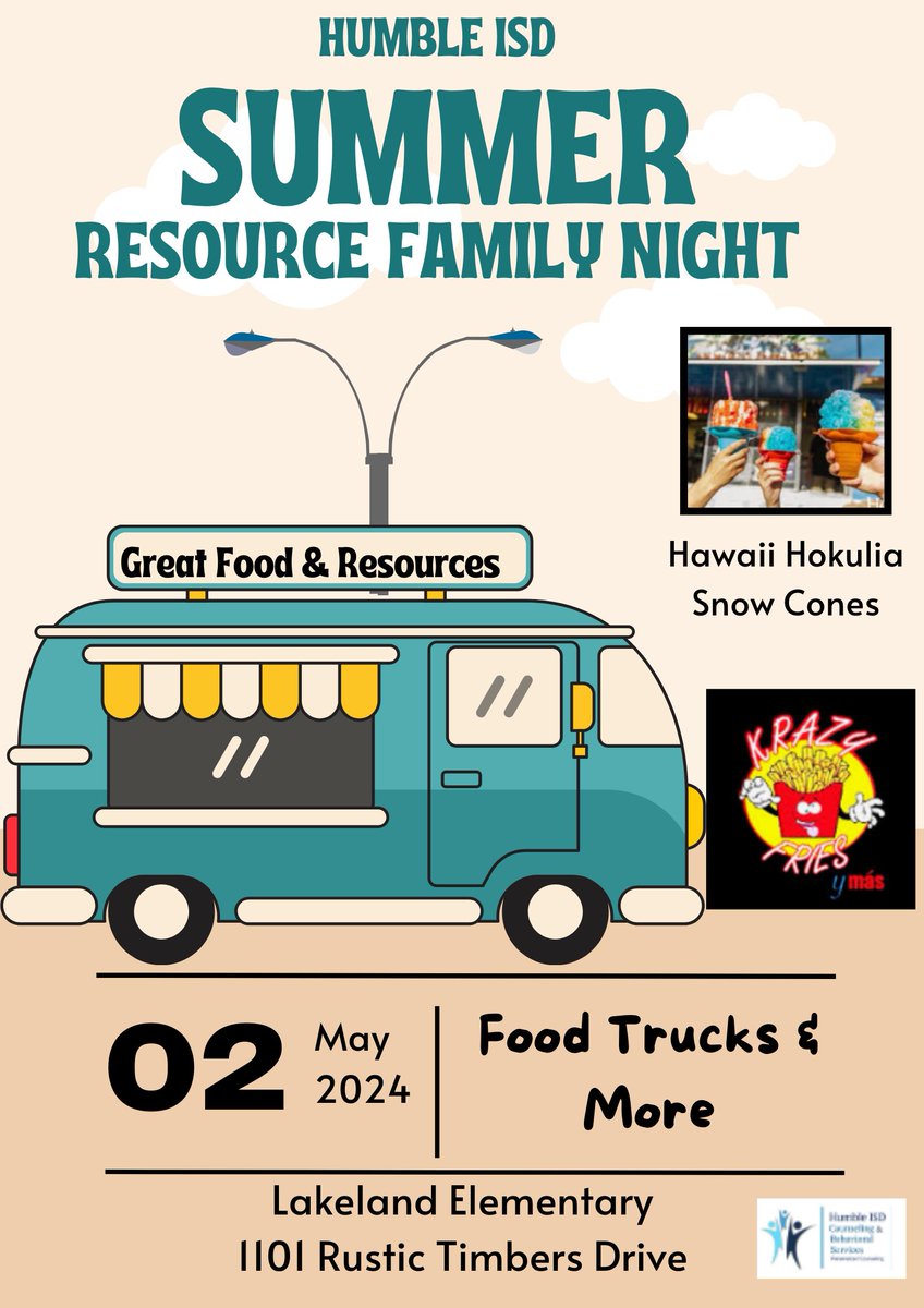 Come hungry and purchase a delicious treat from local food trucks at the @HumbleISD Summer Family Night on May 2, 2024 6-8p at Lakeland Elementary!! Bounce to your heart's content & Touch A Truck – it's going to be an unforgettable experience!