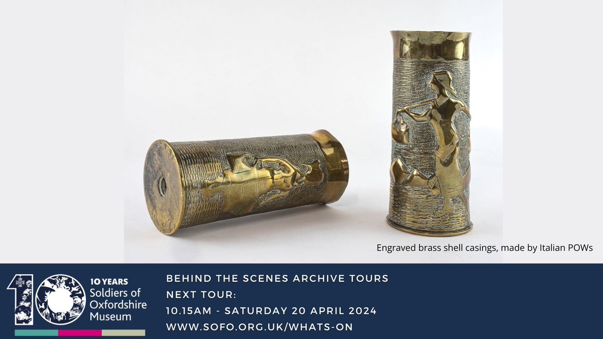 Want to see what goes on behind the scenes here? 👀 Book a spot on this weekend's archive tour and see some of the thousands of objects we hold, like these engraved brass shell casings, made by Italian POWs in Oxfordshire during WW2 Book Now: buff.ly/3TH3jOR