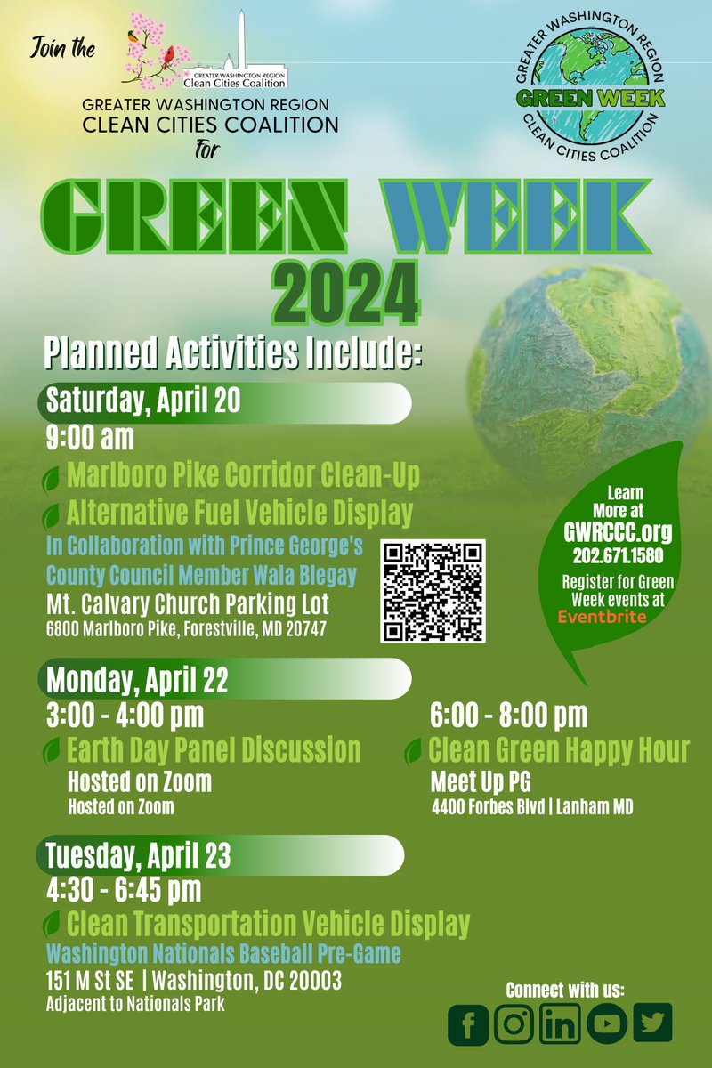 Green Week is upon us! We hope to see you at our upcoming events in celebration of #EarthDay

Register here: gwrccc.org/events/

#GWRCCC #CleanEnergy #CleanTransportation #CleanAir #DC #MD #VA #DMV #Networking #CleanVehicle