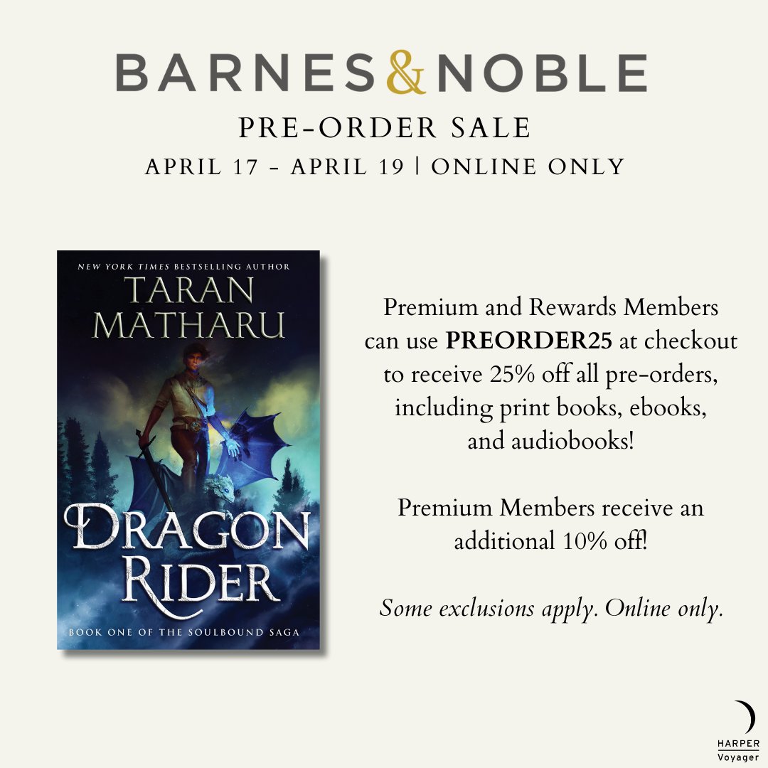 I'm so pleased to announce a preorder sale from @BNBuzz ! B&N Rewards Members get 25% off all pre-orders from April 17th — 19th, including audiobooks and eBooks! Premium Members get an additional 10% off their print book pre-orders. barnesandnoble.com/w/dragon-rider…