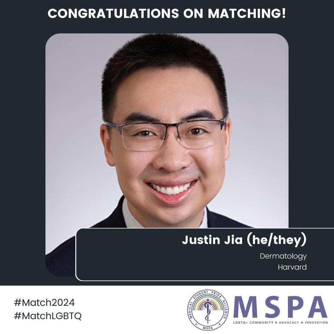 Congratulations to Justin Jia (he/they) , a co-founder of MSPA, for matching into Dermatology at Harvard! #MedPride #Match2024 #MatchLGBTQ