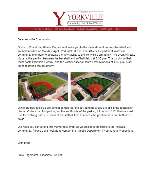 YHS invites all community members to the dedication of the new baseball and softball facility on Mon., April 22nd at 3:30 p.m. at the pavilion between the 2 new fields. @_YHSsoftball hosts Plainfield Central and @FoxesBaseball hosts Minooka at 4:30 p.m. following the ceremony!