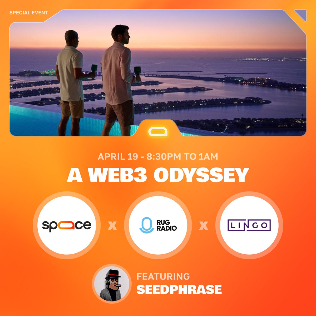 The countdown is on for your future highlight of 2024! Get ready for A Web3 Odyssey. 8:30 PM on April 19 at the Aura Skypool, one of the most iconic places in Dubai, privatized for an outstanding experience 🪩 Join us for an unforgettable night with @RugRadio, @Lingocoins, and