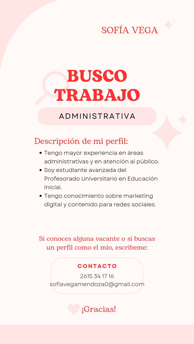 Genteee de x (o tw para los olds) estoy buscando trabajo. Tengo mi cv a disposición y amplia disponibilidad horaria. Les pido difundir este tw y cualquier recomendación es bienvenida ✨