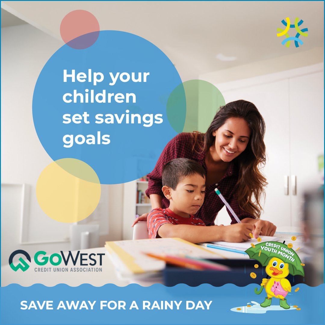 Children are more motivated to save their money if they have a specific goal in mind. Help them set their sights on something to save up for, remind them of their goal when they get an inclination to spend, and celebrate savings accomplishments! #CUYouthMonth | @gowestcua