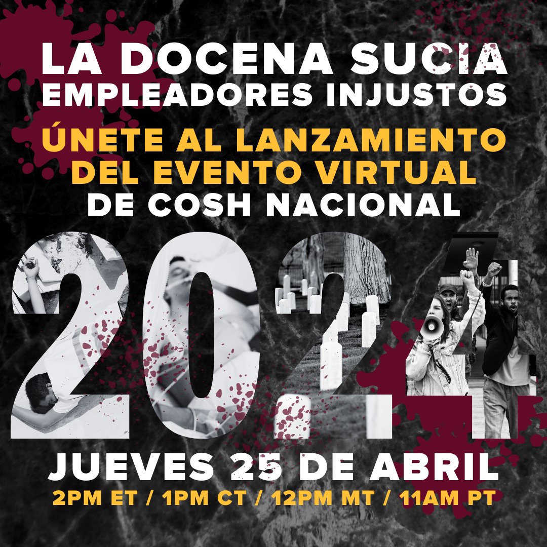 ¿Estás listo(a)? Publicaremos el informe La DOCENA SUCIA 2024 con los empleadores injustos e inseguros de este año el 25 de ABRIL. Más información y confirma tu asistencia aquí: nationalcosh.org/es/La_Docena_S…