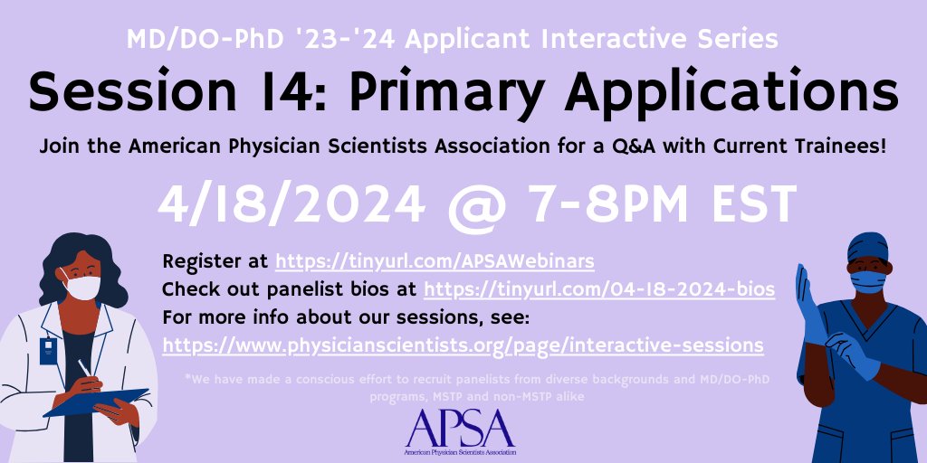 APSA (@a_p_s_a) on Twitter photo Tomorrow! Thinking about applying MD-DO/PhD? The next <a href="/A_P_S_A/">APSA</a> webinar might be for you!  On 4/18 @ 7pm EST, a panel of current trainees will be available to offer advice/answer Qs for MD-DO/PhD applicants on primary applications. Register for FREE at tinyurl.com/APSA-sessions Tomorrow! Thinking about applying MD-DO/PhD? The next <a href="/A_P_S_A/">APSA</a> webinar might be for you!  On 4/18 @ 7pm EST, a panel of current trainees will be available to offer advice/answer Qs for MD-DO/PhD applicants on primary applications. Register for FREE at tinyurl.com/APSA-sessions