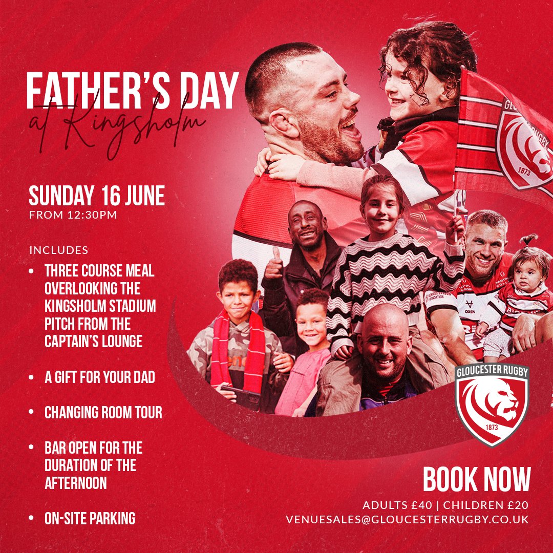 𝗙𝗔𝗧𝗛𝗘𝗥'𝗦 𝗗𝗔𝗬 𝗟𝗨𝗡𝗖𝗛 👨‍👦 Treat your Dad to a Father's Day to remember at Kingsholm Stadium! 🍽️ Three-course meal 👕 Changing room tour 🎁 A gift for your Dad 📧 venuesales@gloucesterrugby.co.uk
