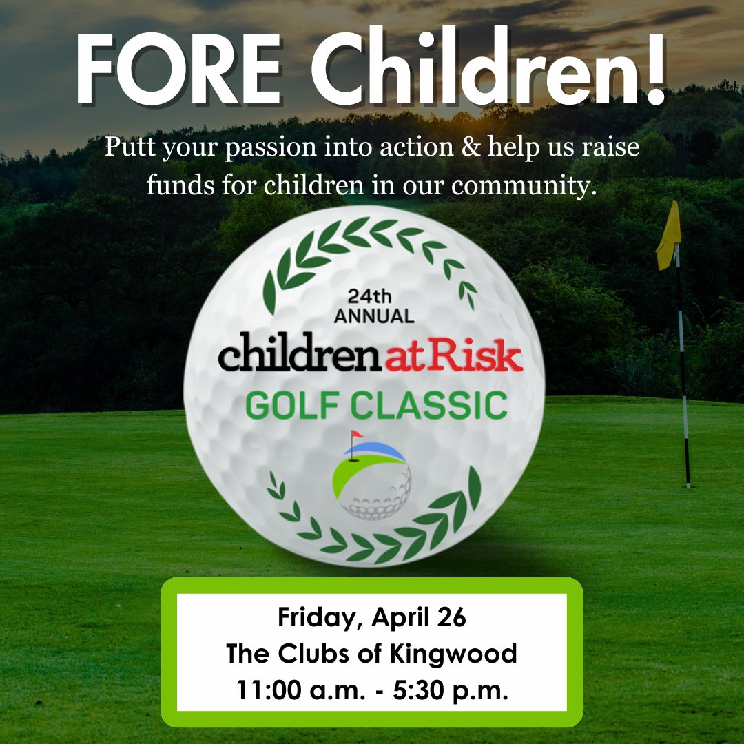 Swing into action and join us for a tee-rific time at our Annual CHILDREN AT RISK Golf Classic! We're celebrating 35 years of advocacy and would be delighted to have you on the green. Click the link for all the birdie details! childrenatrisk.org/event/24th-ann…