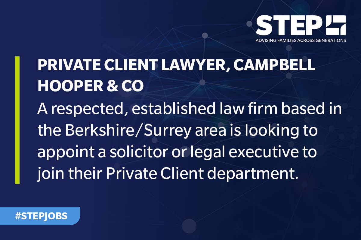 Campbell Hooper & Co, a respected, established law firm based in the Berkshire/Surrey area is looking to appoint a solicitor or legal executive to join their Private Client department. Find out more: bit.ly/4aytop3 #STEPJobs #NewJob