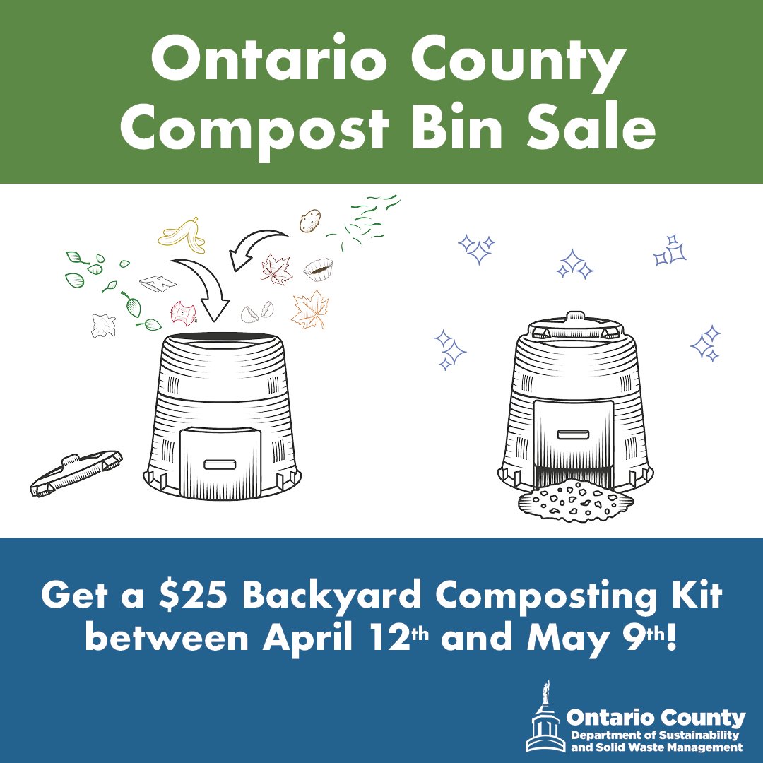 Ontario County Compost Bin Sale For only $25 the kit includes a compost bin, kitchen collector, screen/base, and aerator. Get yours while supplies last! Visit OntarioCountyRecycles.org to make a purchase. #OntarioCountyRecycles #BackyardComposting