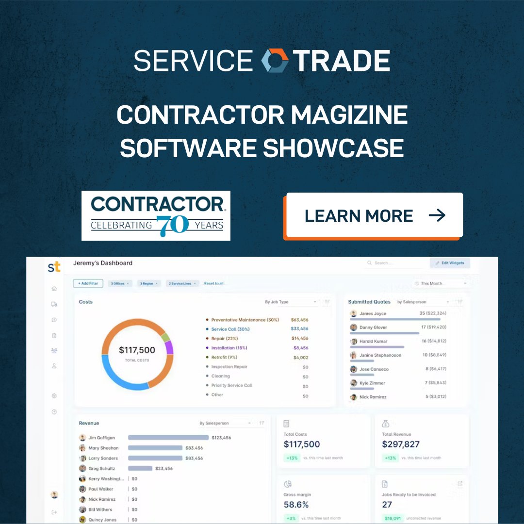 We are honored to have been featured in Contractor Magazine's Software Showcase. 

Check it out here: bit.ly/3JpReHy

Learn more: ServiceTrade.com

#ContractSolutions #AccountingManagement #ContractBiling #MaintenanceContract #ServiceContract #BuildingMaintenance