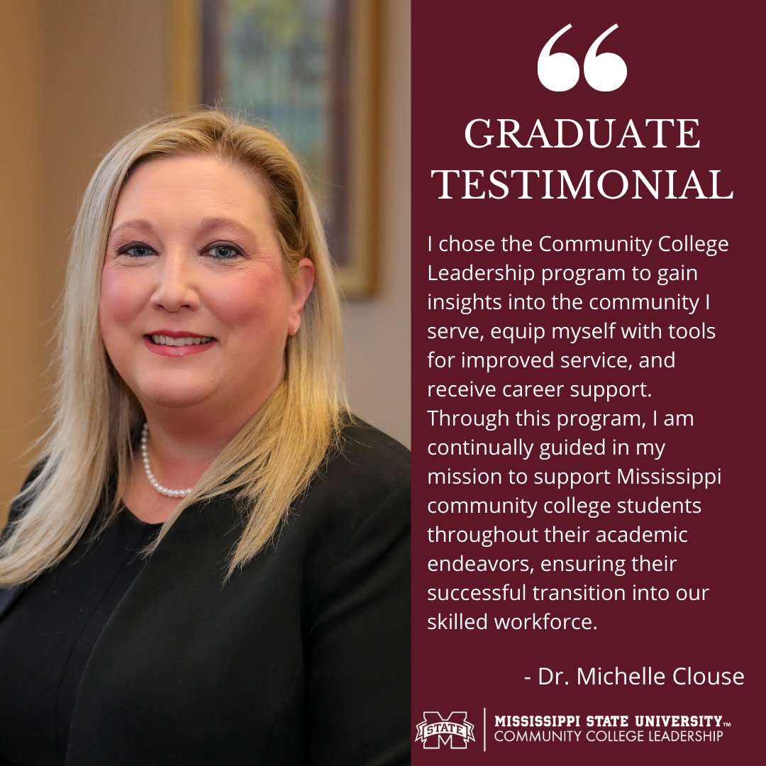 #Thisismywhy 
Dr. Michelle Clouse is a graduate of the Ph.D. program in Community College Leadership. She is the Vice President of Instructional Services at @ItawambaCC. Hail state!🐾