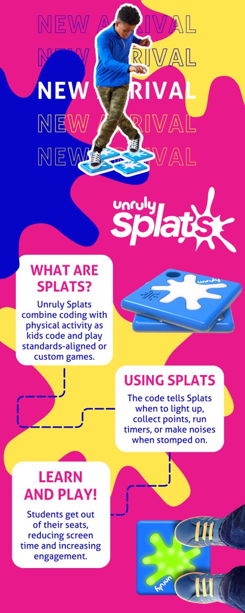 Unruly WHAT? We just added our first new product line of 2024: Unruly Splats! #Students jump, stomp, play, and code with these super-durable, programmable floor buttons. #STEM #coding #programming #PhysEd Get your school a set today: eduporium.com/brand/unruly-s…