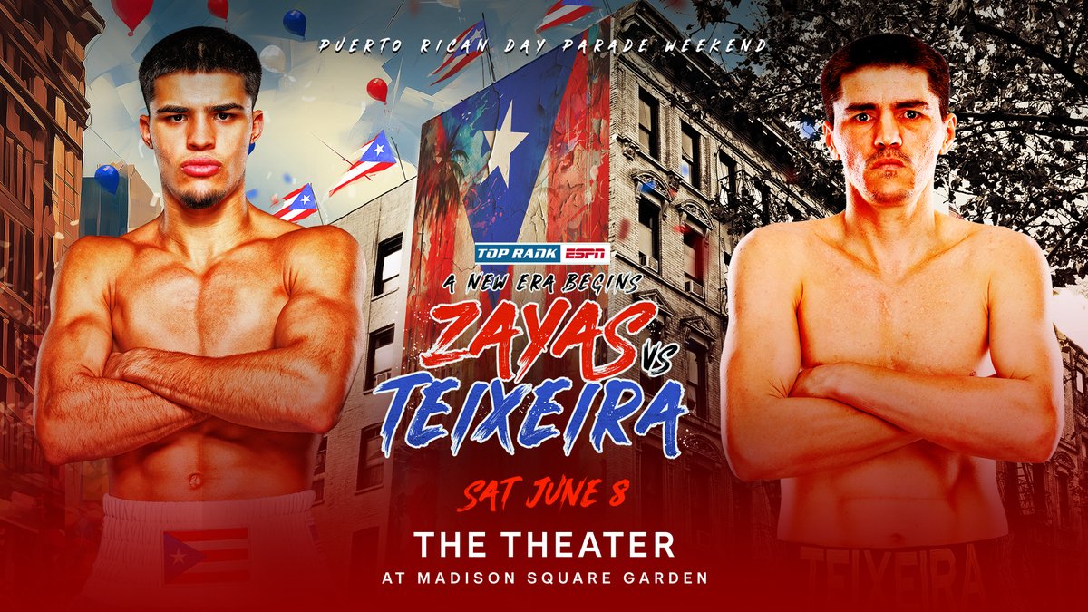 JUST ANNOUNCED: Top Rank Boxing returns to The Theater at MSG on June 8, when Xander Zayas takes on Patrick Teixeira during Puerto Rican Day Parade Weekend. Access presale tickets starting Tue, Apr 23 at NOON with code SOCIAL.