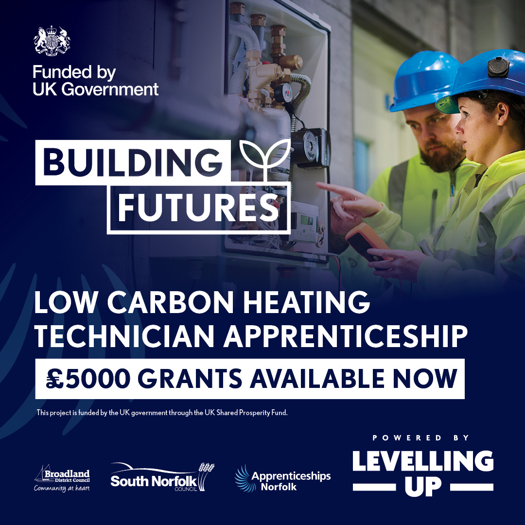 Are you a plumbing and heating company based in South Norfolk or Broadland? You could be eligible for a £5000 grant to hire a Low Carbon Heating Technician apprentice. For more information visit: ow.ly/EPKS50Rhgyy #UKSPF #grant #incentive