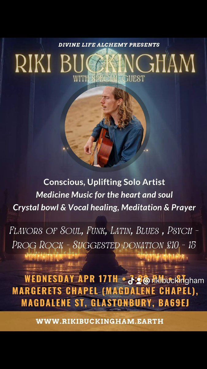 rikibuckingham's tweet photo. Finnaly tonight is the night! 

I will be performing An intimate concert at the Magdalene Chapel in Glastonbury. Where the acoustics support this kind medicine music 🎶  

From 7.30pm I will be playing songs with the guitar, then using the crystal bowl for the relaxing parts https://t.co/ukuqlbwxPb
