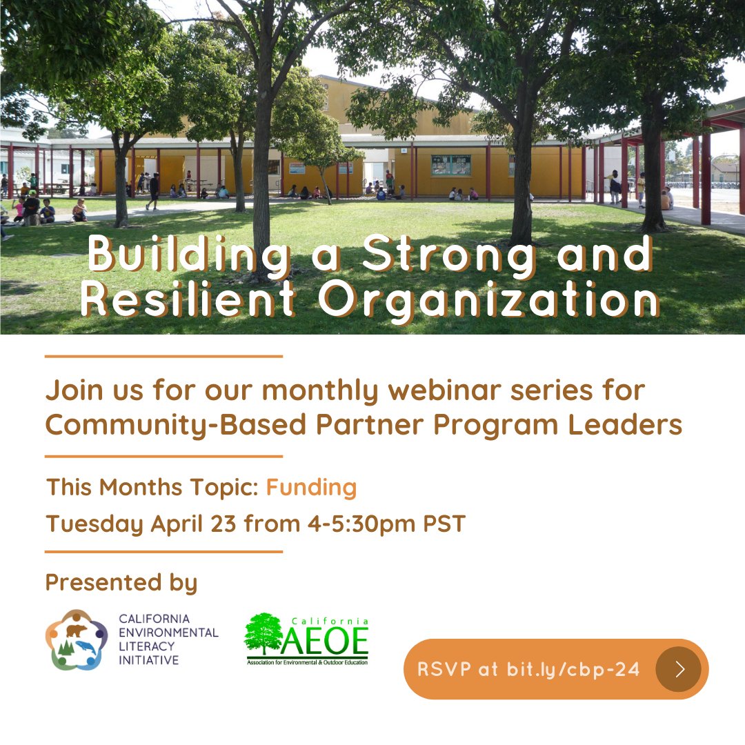 Join us next Tuesday to discuss Funding! Our webinar is perfect for leaders of organizations that work to advance environmental literacy and who want to help their organizations grow and thrive. RSVP at bit.ly/cbp-24