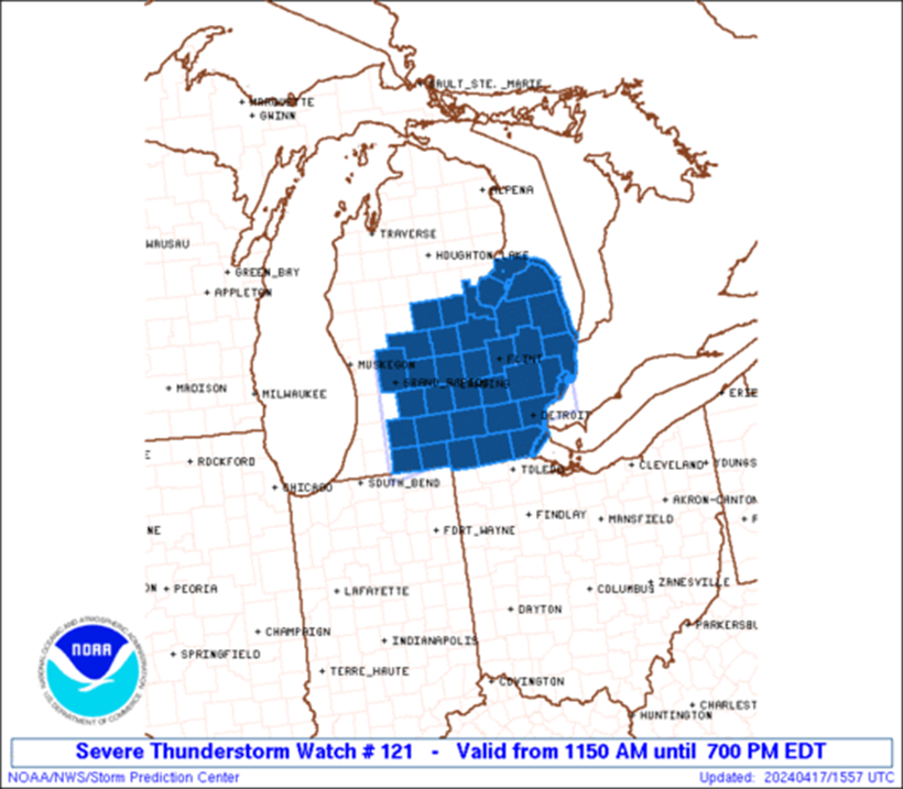 Severe Thunderstorm Watch 121
Central/Southern Lower Michigan, Lake Erie, Lake Huron
Until 700 PM EDT
Scattered damaging wind gusts to 70 mph possible
Scattered large hail to 1.5' diameter possible
A tornado or two possible
#miwx #lewx #lhwx 
spc.noaa.gov/products/watch…