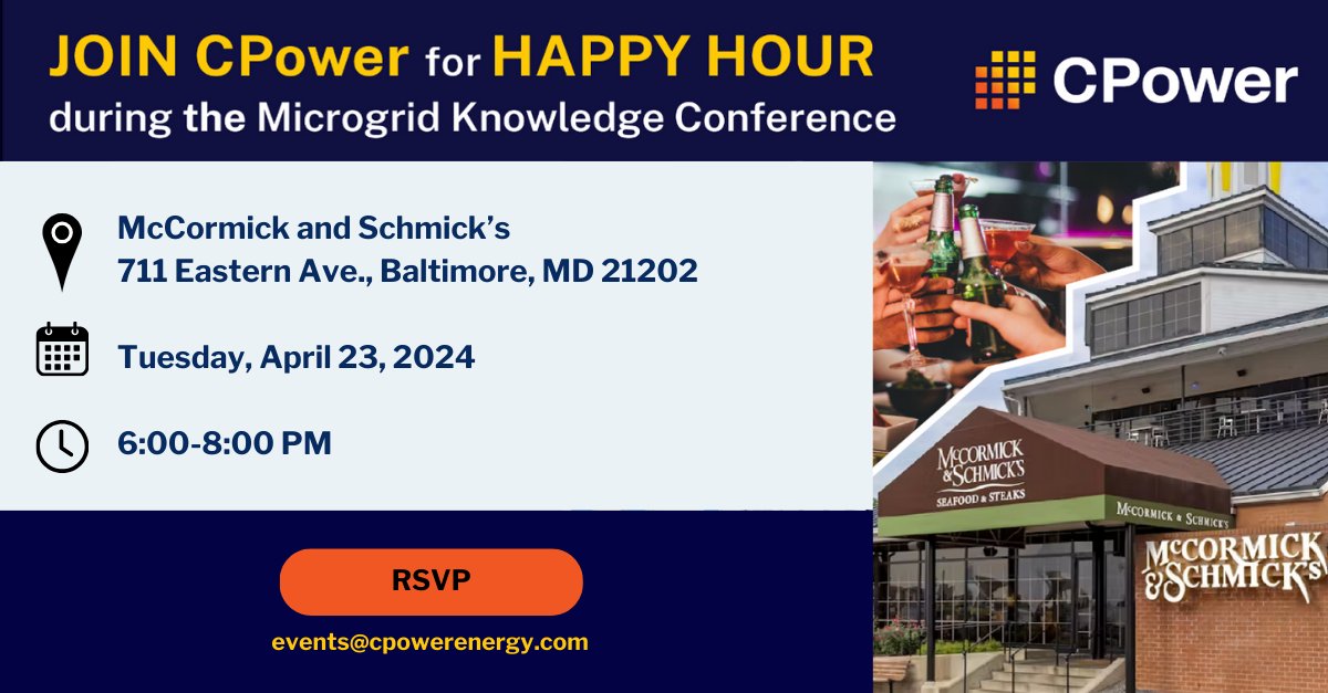 If you'll be at Microgrid Knowledge Conference next week, join CPower for happy drinks and heavy apps after the day's activities to wind down and continue the conversation on how we can optimize your DERs . #microgridknowledge2024 #DER