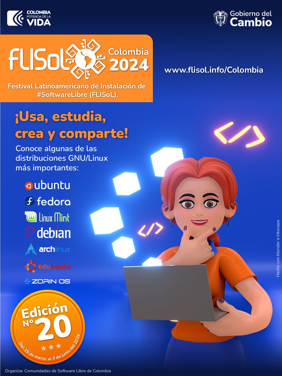 Mineducacion's tweet image. ¡Tenemos una invitación muy especial para ti! Te esperamos en el @flisol_colombia, estaremos en más de 15 municipios a lo largo y ancho del país. Explora con nosotros el universo del #SoftwareLibre. Busca la sede más cercana en: flisol.info/Colombia. #FLISoLColombia