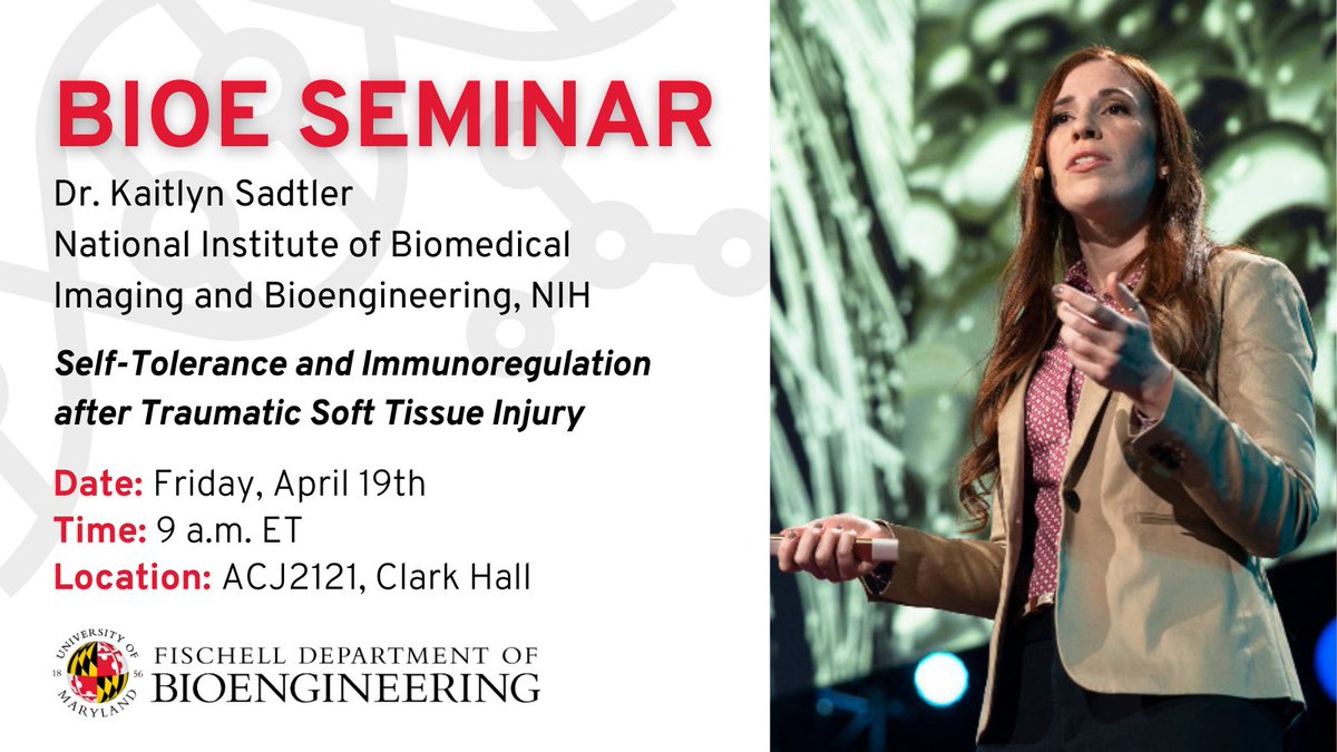 Join us this Friday (April 19) at 9:00 a.m. for our BIOE Seminar featuring Dr. Kaitlyn Sadtler <a href="/KSadtler/">Kaitlyn Sadtler, PhD</a> from the National Institute of Biomedical Imaging and Bioengineering <a href="/NIBIBgov/">NIBIB</a>.

Read her bio and seminar abstract at bioe.umd.edu/event/19190/bi…