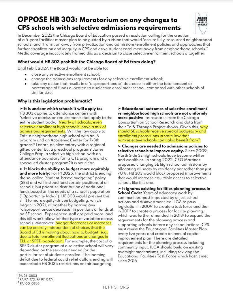 HB 303, formerly HB 5766, would prevent Chicago Public Schools from transitioning to a more equitable budget system. Updated fact sheet to share with your rep: bit.ly/HB303info