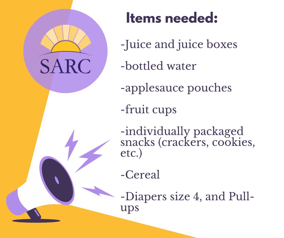 Hello SARC support community! Our Food Pantry is in need of some items for children.  If you are able to donate or start a collection, please contact aheiderman@sarc-maryland.org 

Thank you!
#SARCharfordcounty #foodpantry