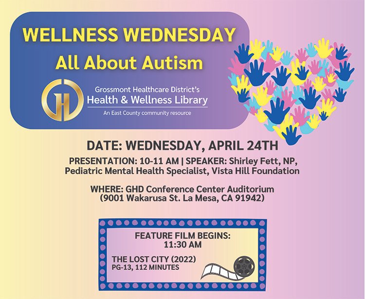 GHDHealthLib's tweet photo. Come join us for our #WellnessWednesday program, "All About Autism", from 10-11 am on April 24.  The movie "The Lost City" follows at 11:30 am.  We hope to see you there! https://t.co/sqljWZv7bV