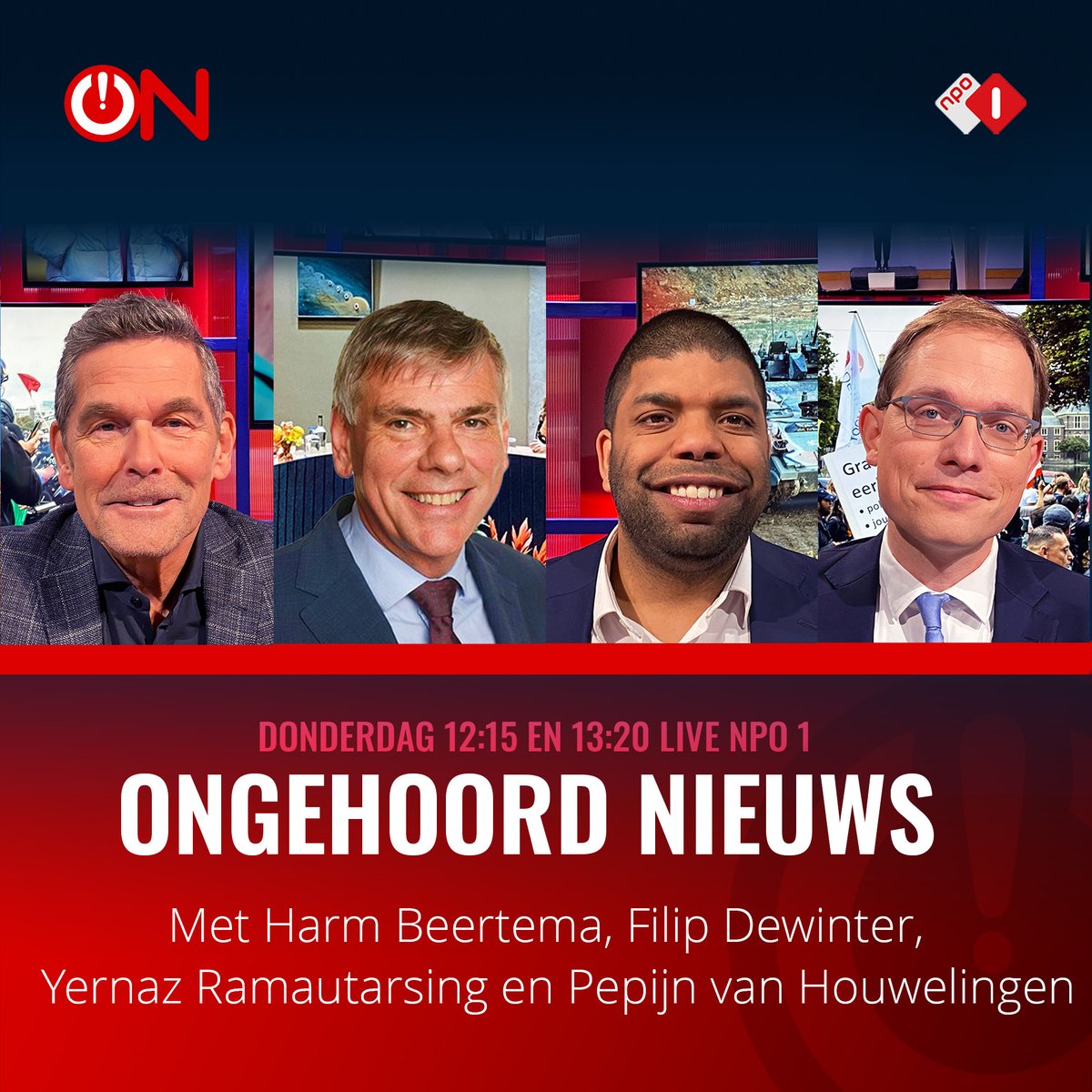 Do 18 april #OngehoordNieuws met @harmbeertema, Filip Dewinter (@FDW_VB), @YerRamautarsing en @PvanHouwelingen over cancelen conservatief #NatCon-congres, woke dominantie op onze universiteiten, EU & Nexit en de onophoudelijke asielcrisis. 12:15u én 13:20u live NPO 1