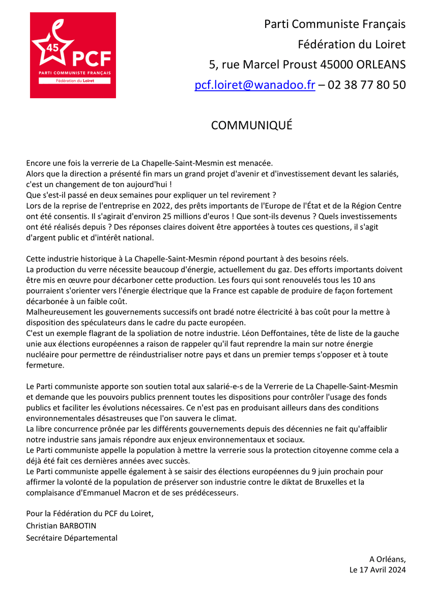 PCFLoiret's tweet photo. Communiqué du PCF Loiret sur la situation de Duralex. https://t.co/6gm642zEMh