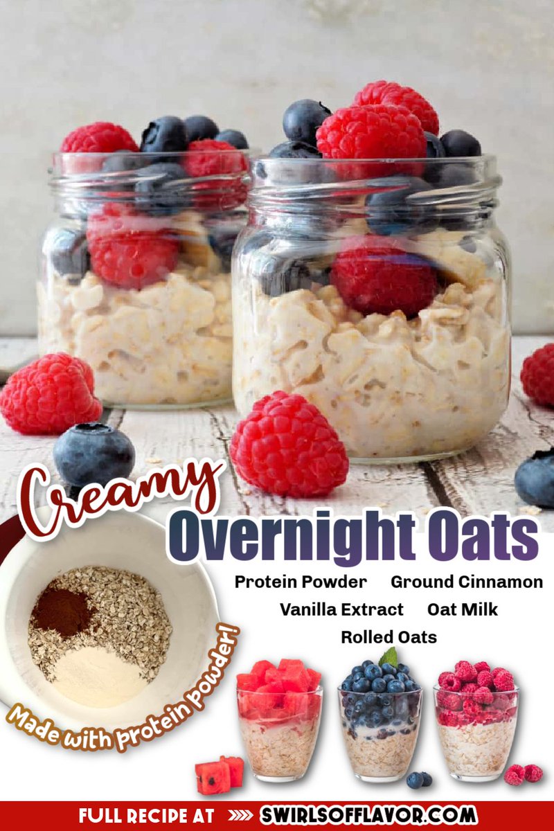 Overnight Oats with Protein Powder is a delicious and easy way to start your day! Simply combine oats, oat milk, protein powder, vanilla and cinnamon and refrigerate overnight for a creamy breakfast that’s packed with nutrition! swirlsofflavor.com/overnight-oats/ via @SwirlsofFlavor